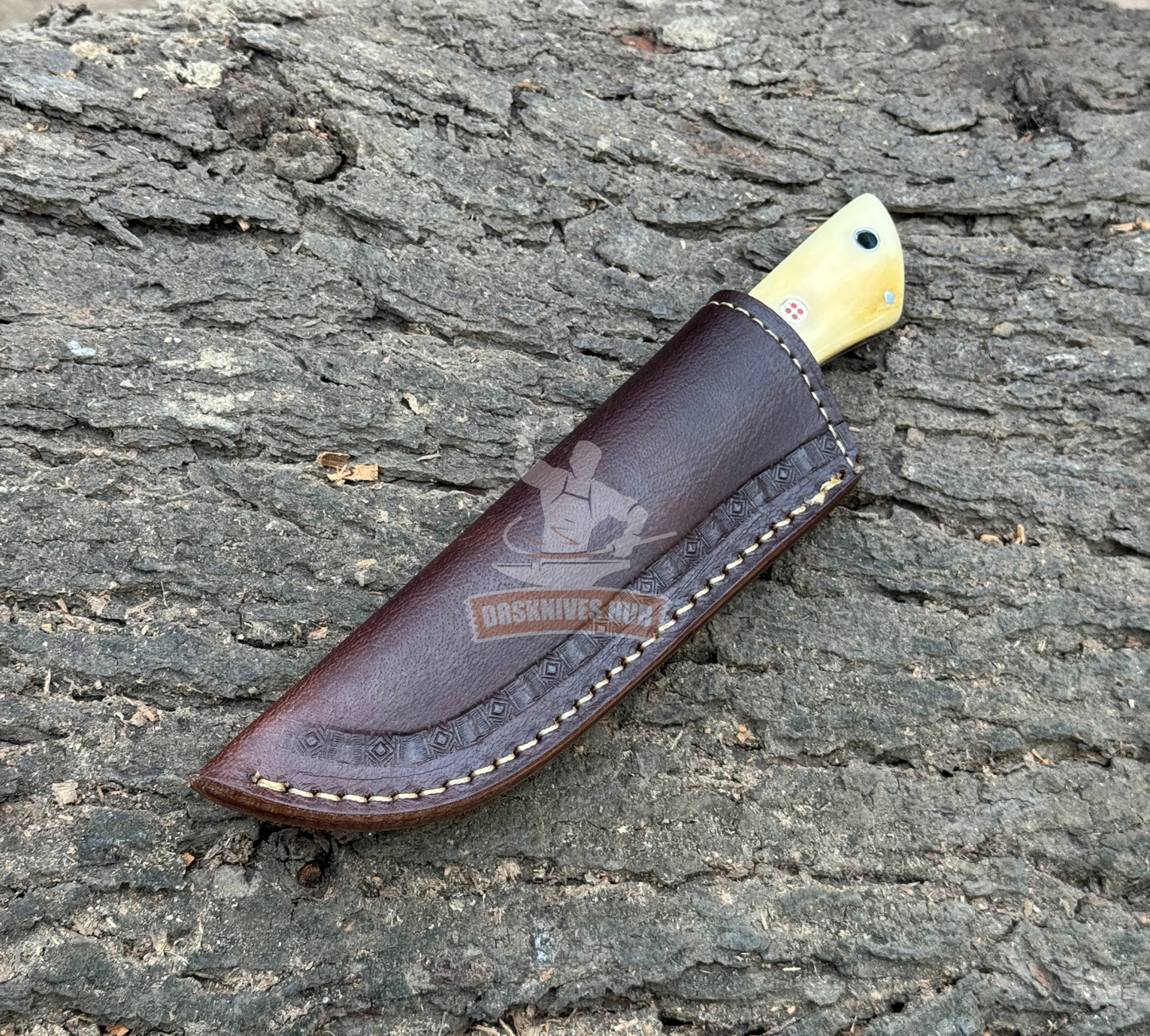 Damascus Belt Knife 9" – Bone & Wood Handle with Leather Sheath | DRSKNIVES HUB