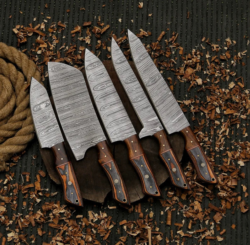 Damascus steel chef set gift for him ,gift for mother with leather sheath, kitchen knife chef set gift for husband