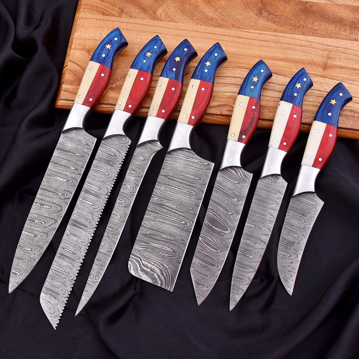 7-Piece Handmade Damascus Steel Chef Knife Set – Twist Pattern, Full Tang, Professional Kitchen Knives | DRSKNIVES HUB