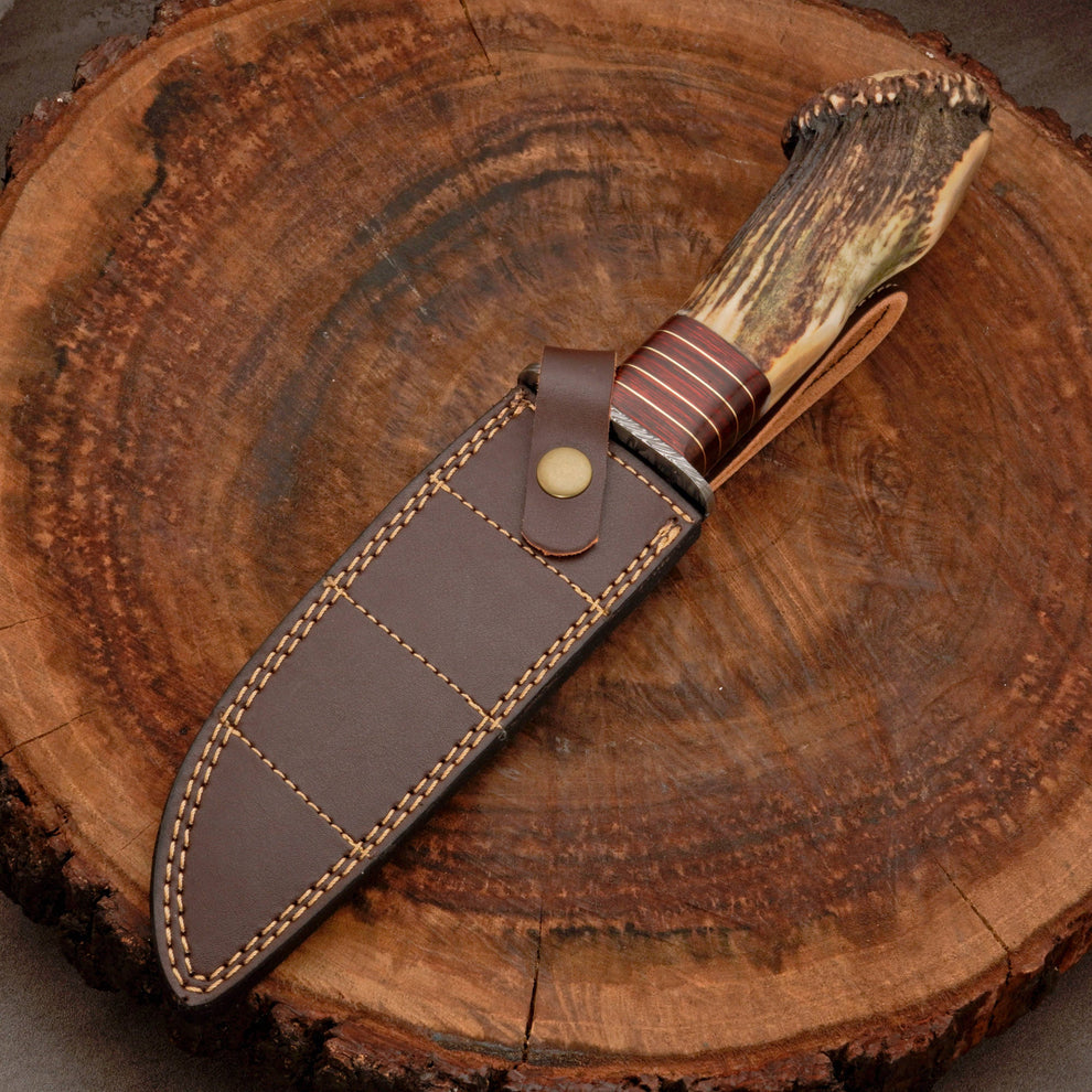 Edc Knife custom handmade Damascus steel hunting bowie knife with leather wrap || drs knives hub