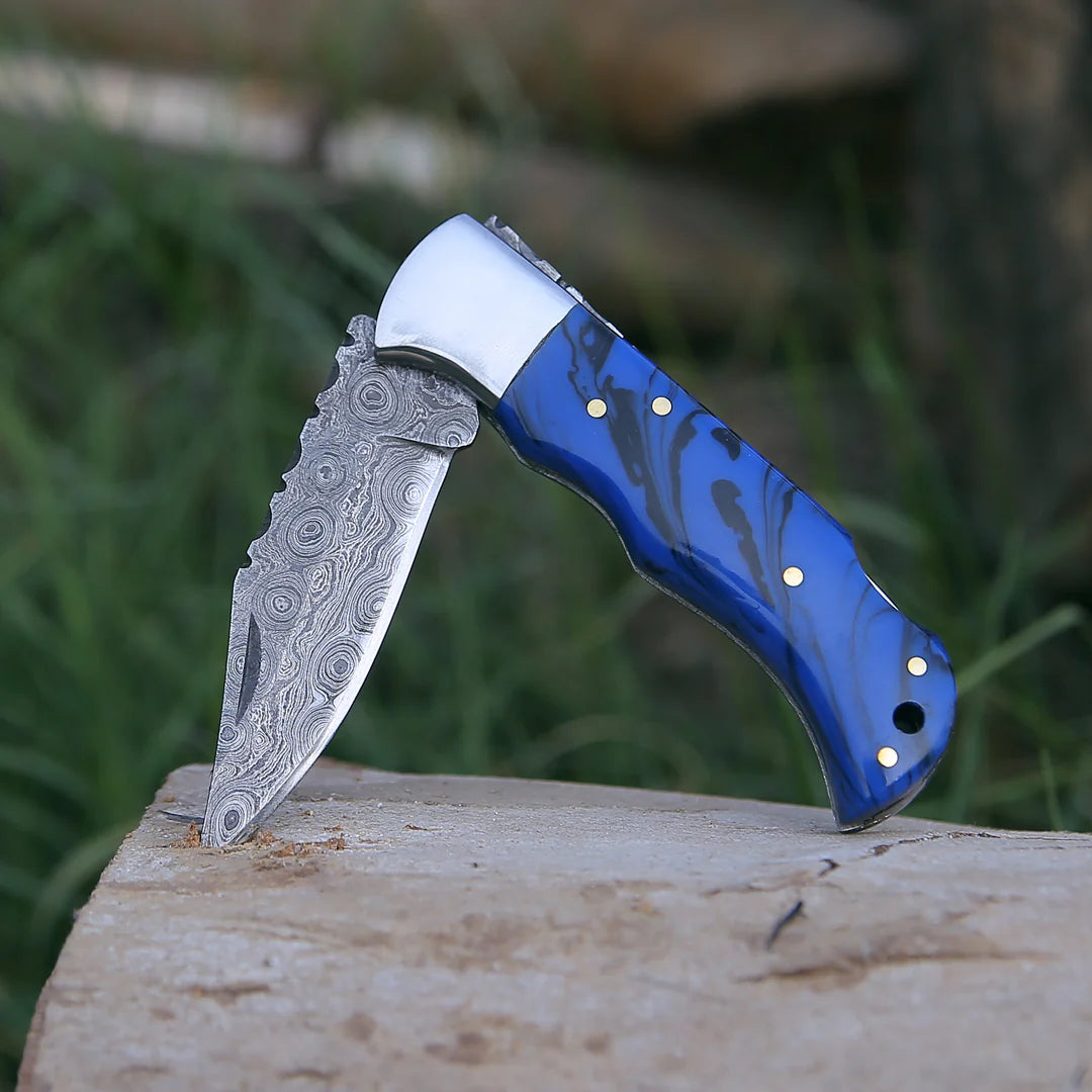 BLUE RESIN HANDLE DAMASCUS POCKET KNIFE WITH SHEATH || DRS KNIVES HUB