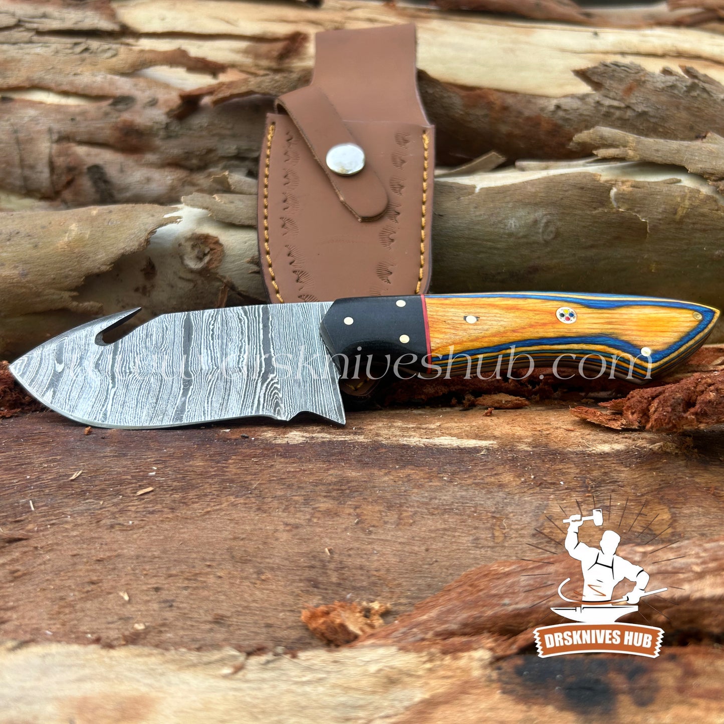 Handmade Damascus Gut Hook Skinning Knife – Wood Handle with Leather Sheath