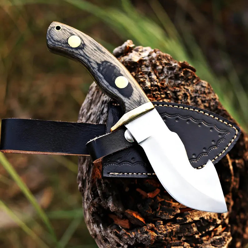 Pair Of 3 Custom Gut Hook Knife with Wood Handle & Luxurious Leather Sheath - Great Gift for Adventurers and Collectors