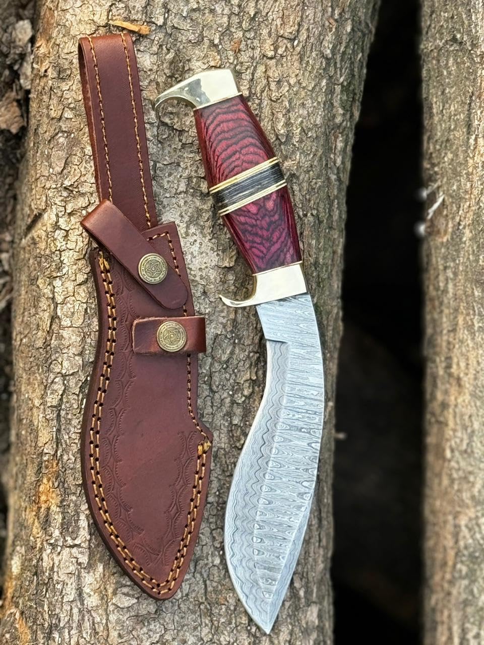Handmade Damascus Steel Heavy Duty Kukri Knife Sharp Blade, With Leather Sheath