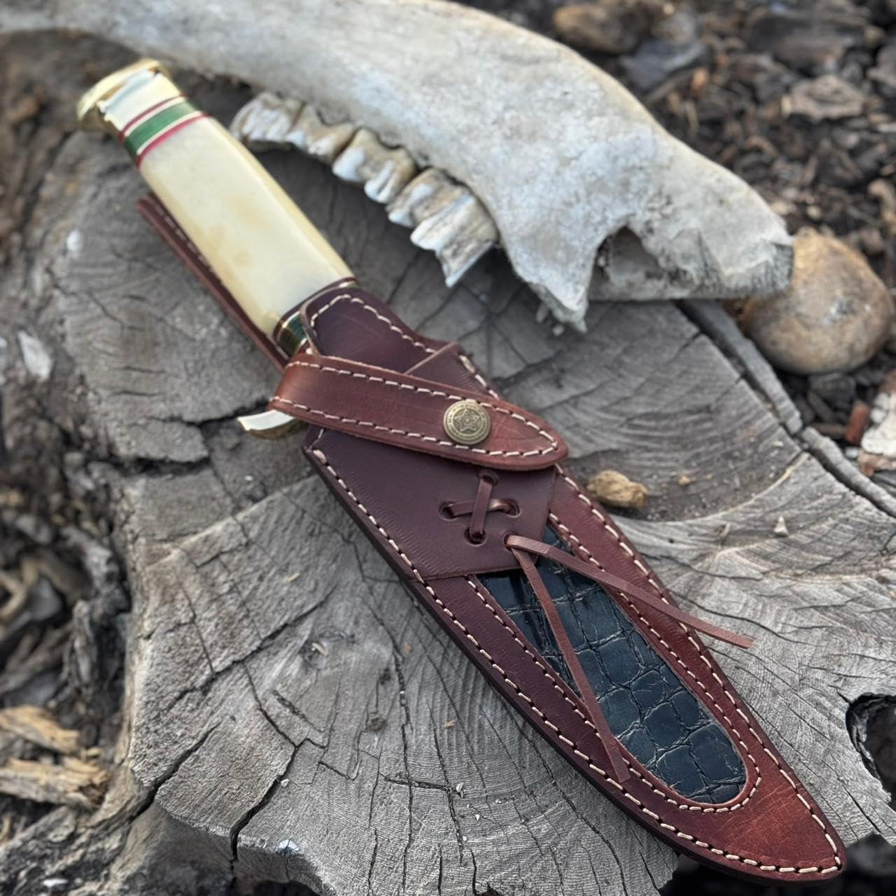 Fixed Blade Knife Crocodile Dundee Knife- D2 Hunting Knife Bone Handle, Camping Knife, Knife with Premium Leather Sheath