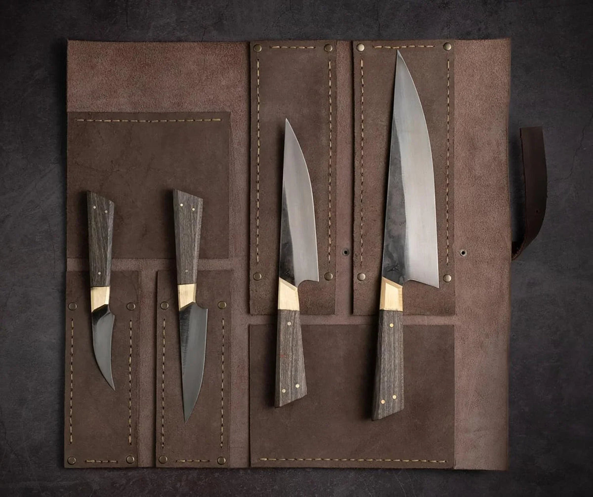 4-piece high carbon steel utility knife set with leather roll