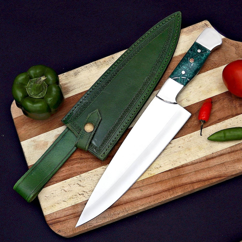 Lots Of 3 Handmade D2 Steel Blade Chef Knife With Leather Sheath Cover and Resin Handle