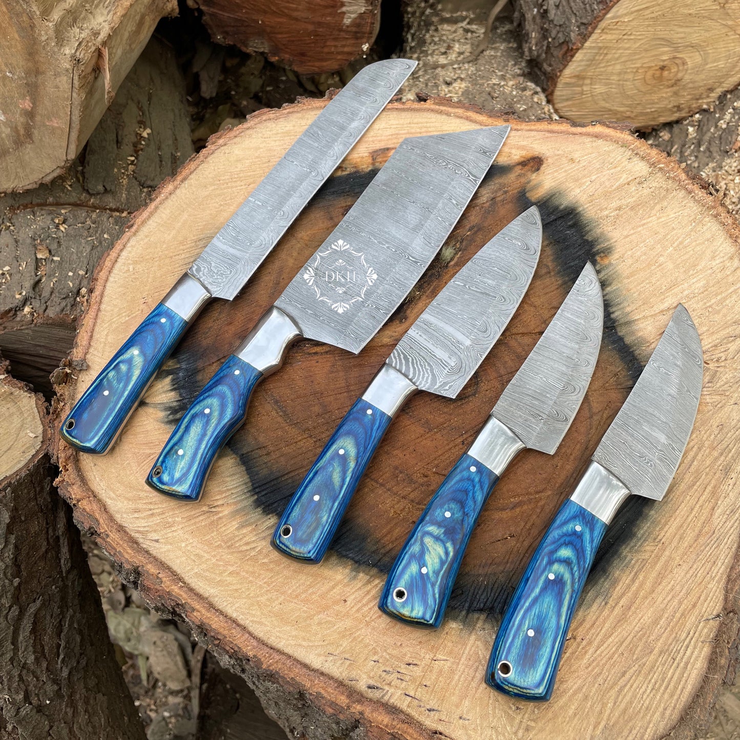 5 pcs Handmade Damascus Steel Blade Chef/ Kitchen Set With Leather Roll kit
