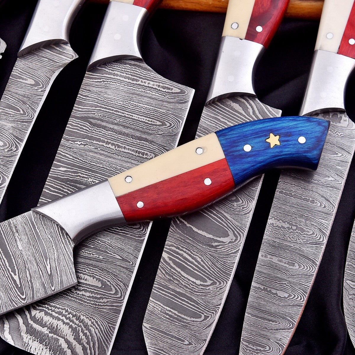 7-Piece Handmade Damascus Steel Chef Knife Set – Twist Pattern, Full Tang, Professional Kitchen Knives | DRSKNIVES HUB