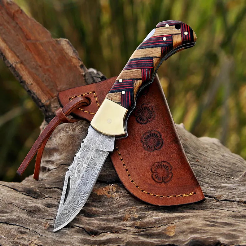 Lots Of 5 PCS Handmade Damascus Steel Folding Pocket Knives With Leather Sheath