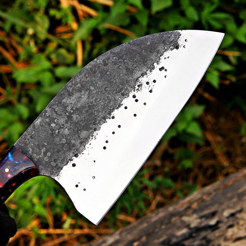 Hand-Forged Meat Cleaver with Resin Handle and Leather Sheath – Durable Resin Handle Chopper Knife