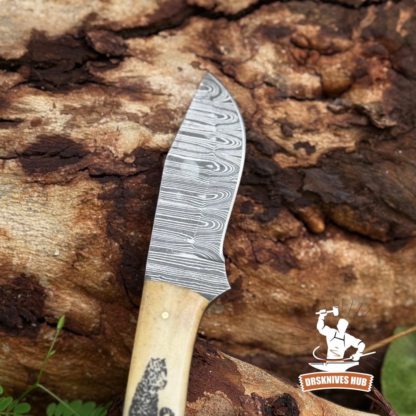 Full Tang Hand Forged Damascus Hunting Skinner Knife Bone Handle with Wolf Print | DRSKNIVES HUB