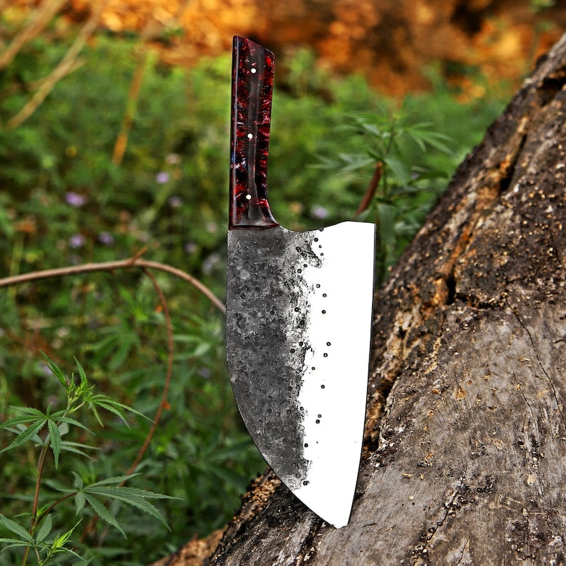 Hand-Forged Meat Cleaver with Resin Handle and Leather Sheath – Durable Resin Handle Chopper Knife