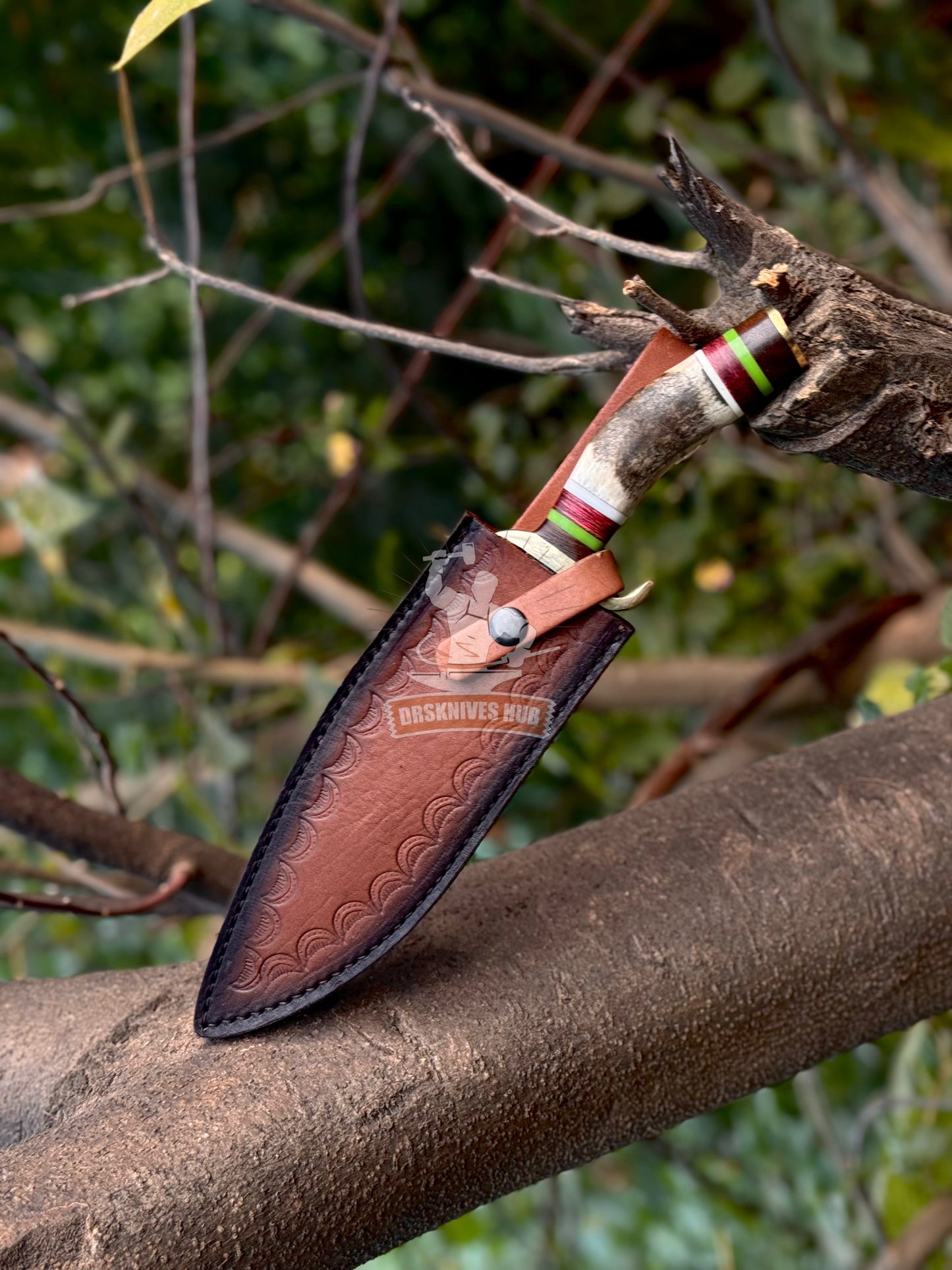Handmade Damascus Bowie Knife – 12” Stag Handle Hunting Knife with Leather Sheath | DRSKNIVES HUB