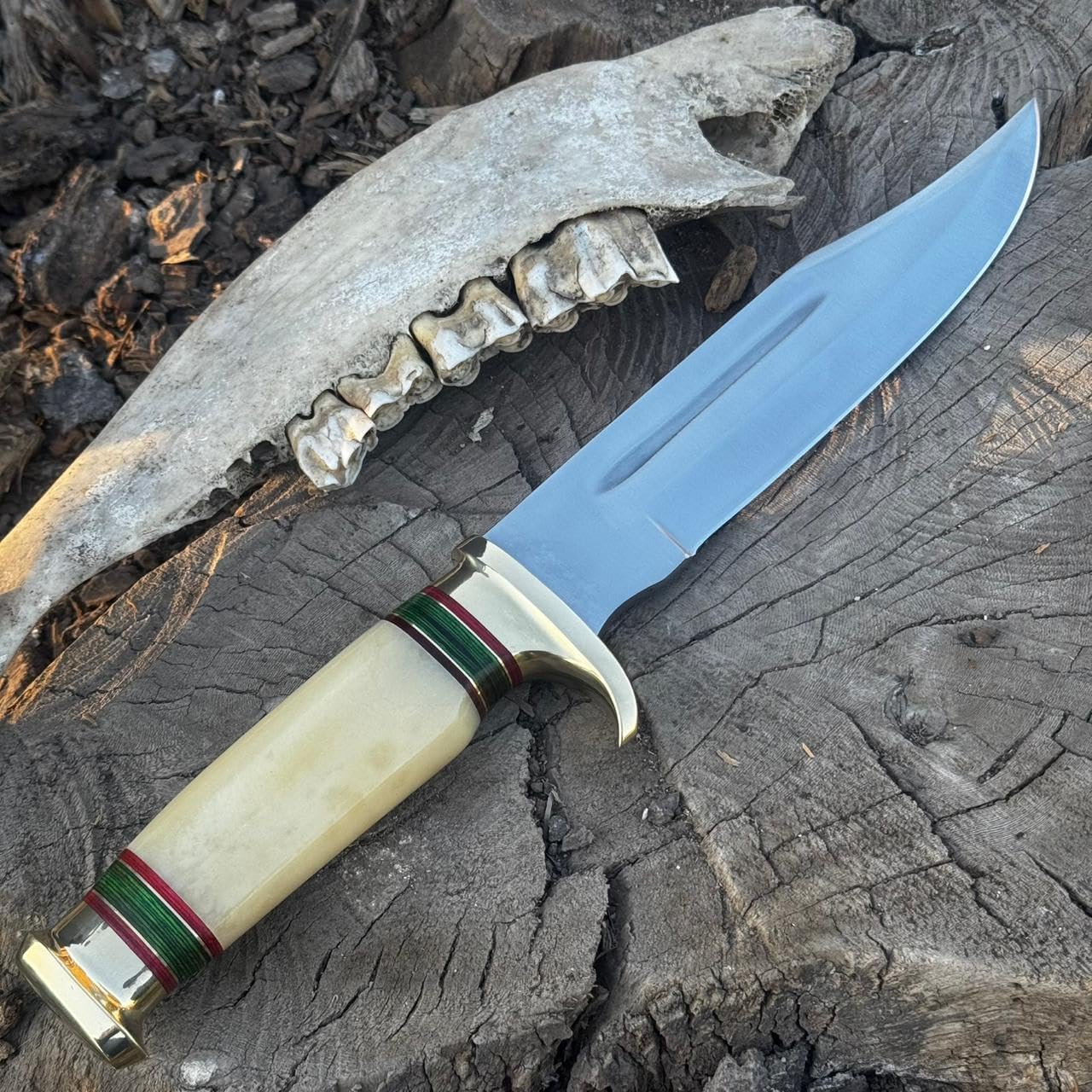Fixed Blade Knife Crocodile Dundee Knife- D2 Hunting Knife Bone Handle, Camping Knife, Knife with Premium Leather Sheath