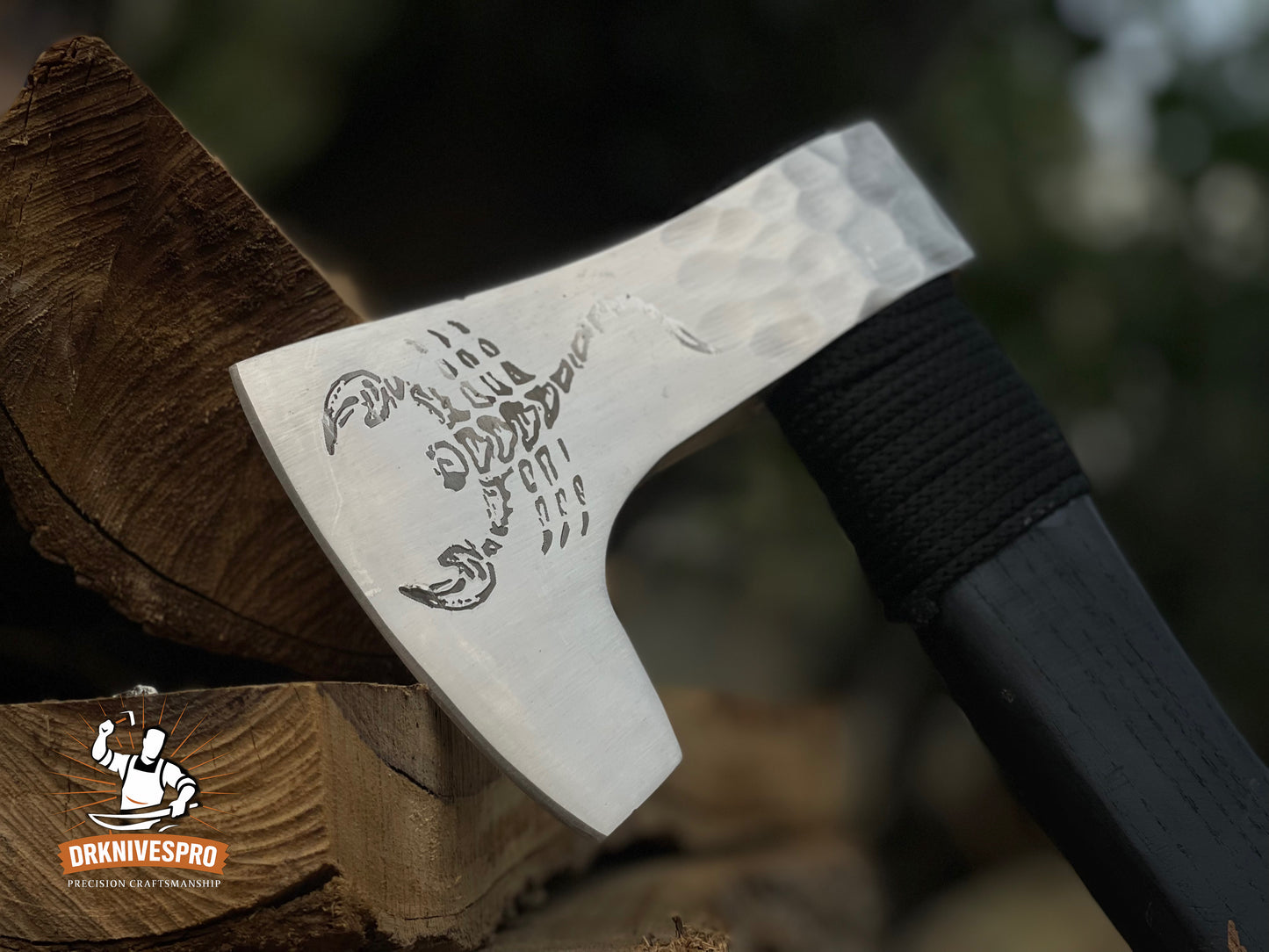 Handmade Engraved Carbon Steel Woodcarving Axe – Scorpion Design with Leather Sheath | DRSKNIVES HUB