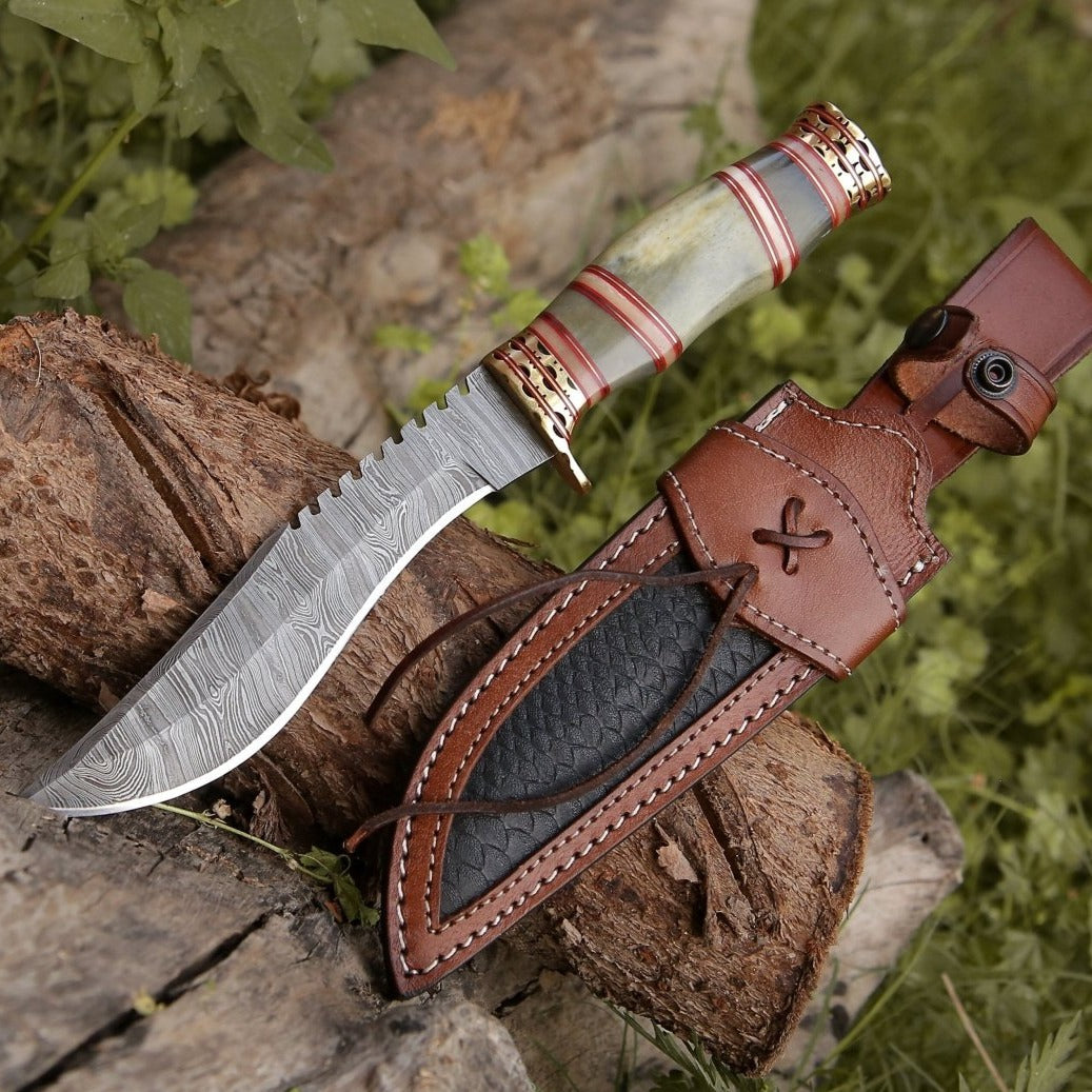 HANDMADE DAMASCUS STEEL KUKRI KNIFE WITH LEATHER SHEATH || DRS KNIVES HUB