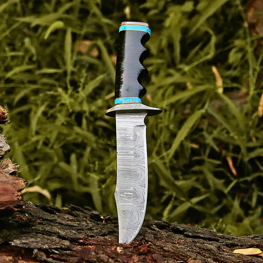 HANDMADE DAMASCUS STEEL HUNTING & SURVIVAL BOWIE KNIFE WITH STACKED LEATHER HANDLE || DRS KNIVES HUB