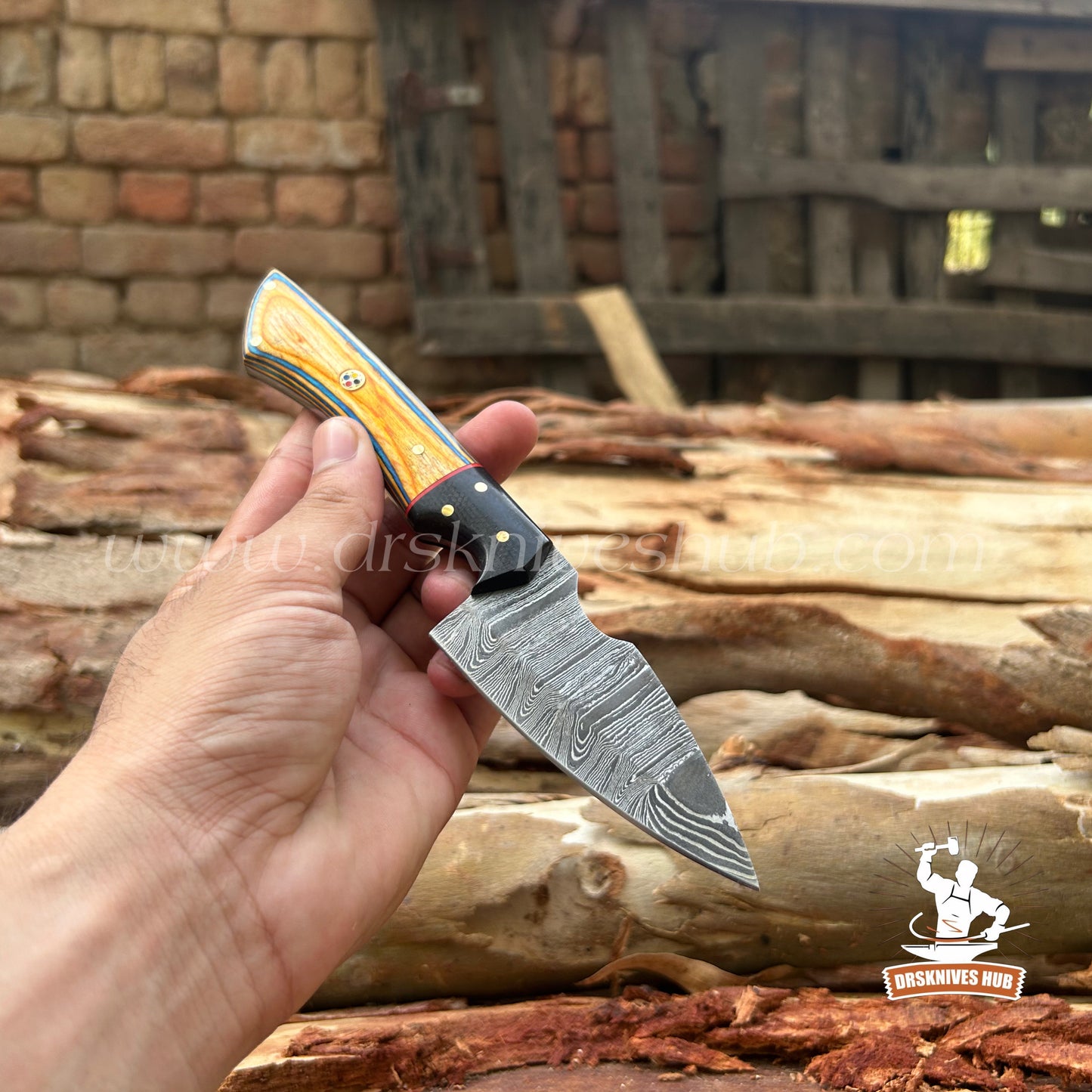 Handmade Damascus Hunting Knife – Fixed Blade Skinning Knife with wood Handle & Leather Sheath | Drs Knives Hub