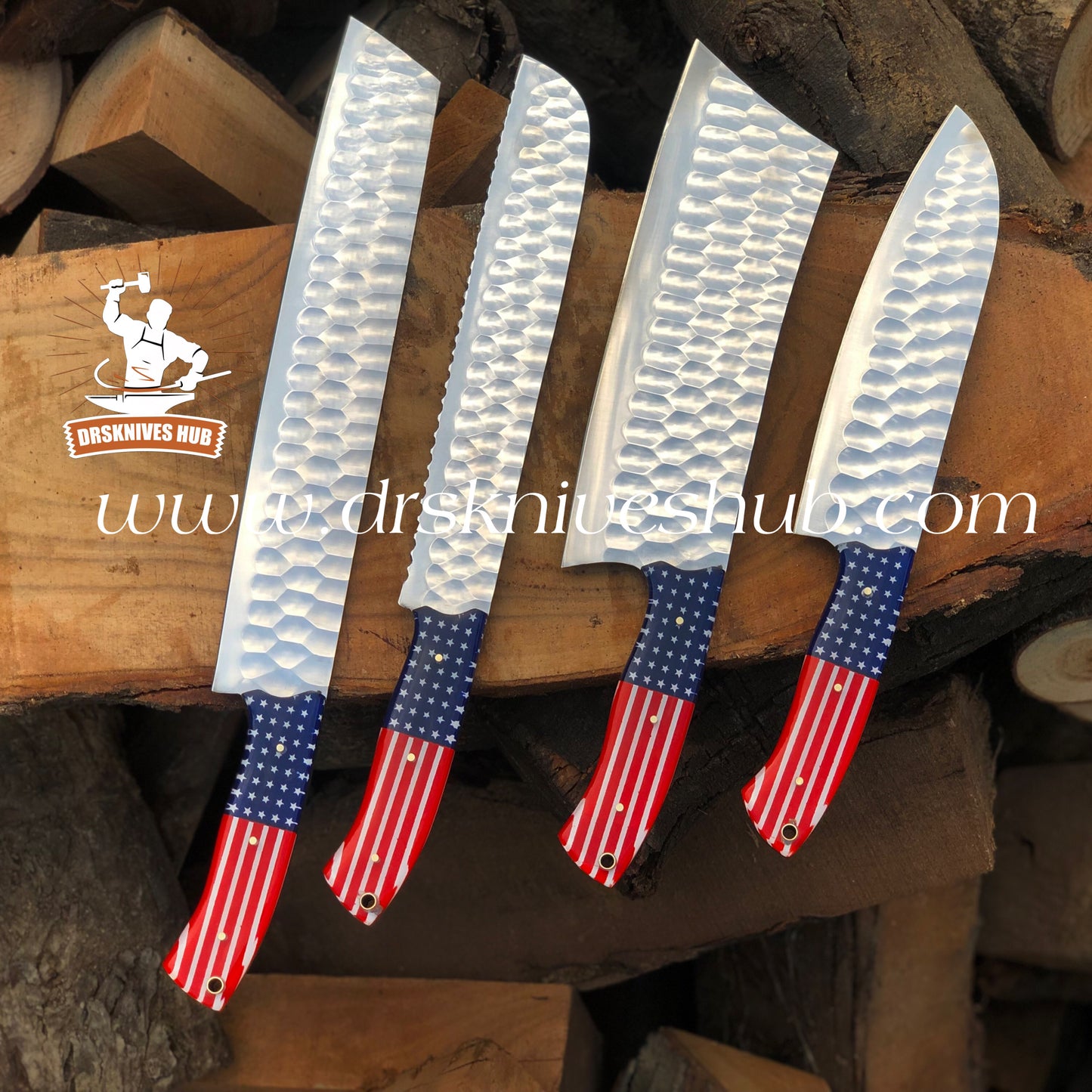 American Flag Themed Handle J2 Steel Mirror polished Handmade Chef Set