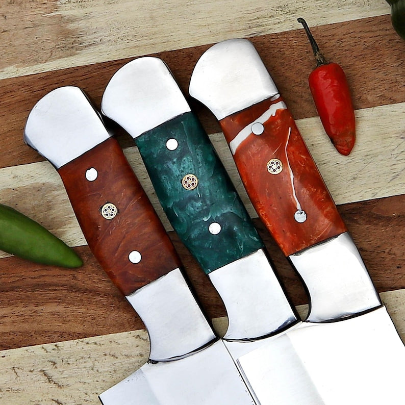 Lots Of 3 Handmade D2 Steel Blade Chef Knife With Leather Sheath Cover and Resin Handle