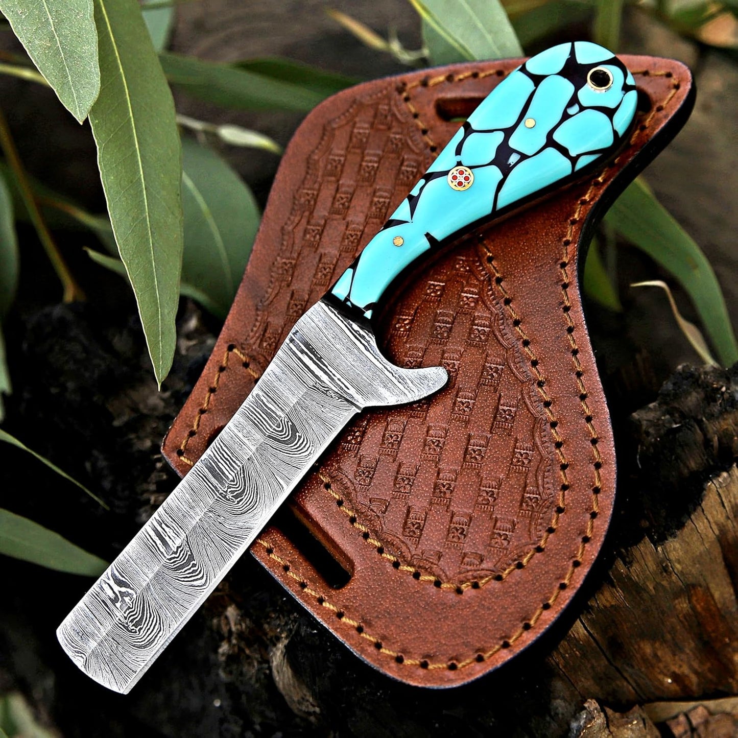Handmade Damascus Steel Bull Cutter Knife – Cowboy EDC Knife with Pancake Leather Sheath | DRSKNIVES HUB