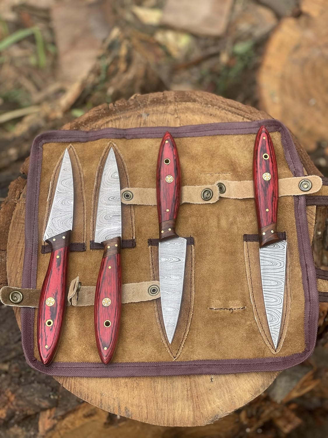 Set Of 4 Pieces Handmade Damascus steel Steak Knives With Leather Bag Overall 9''