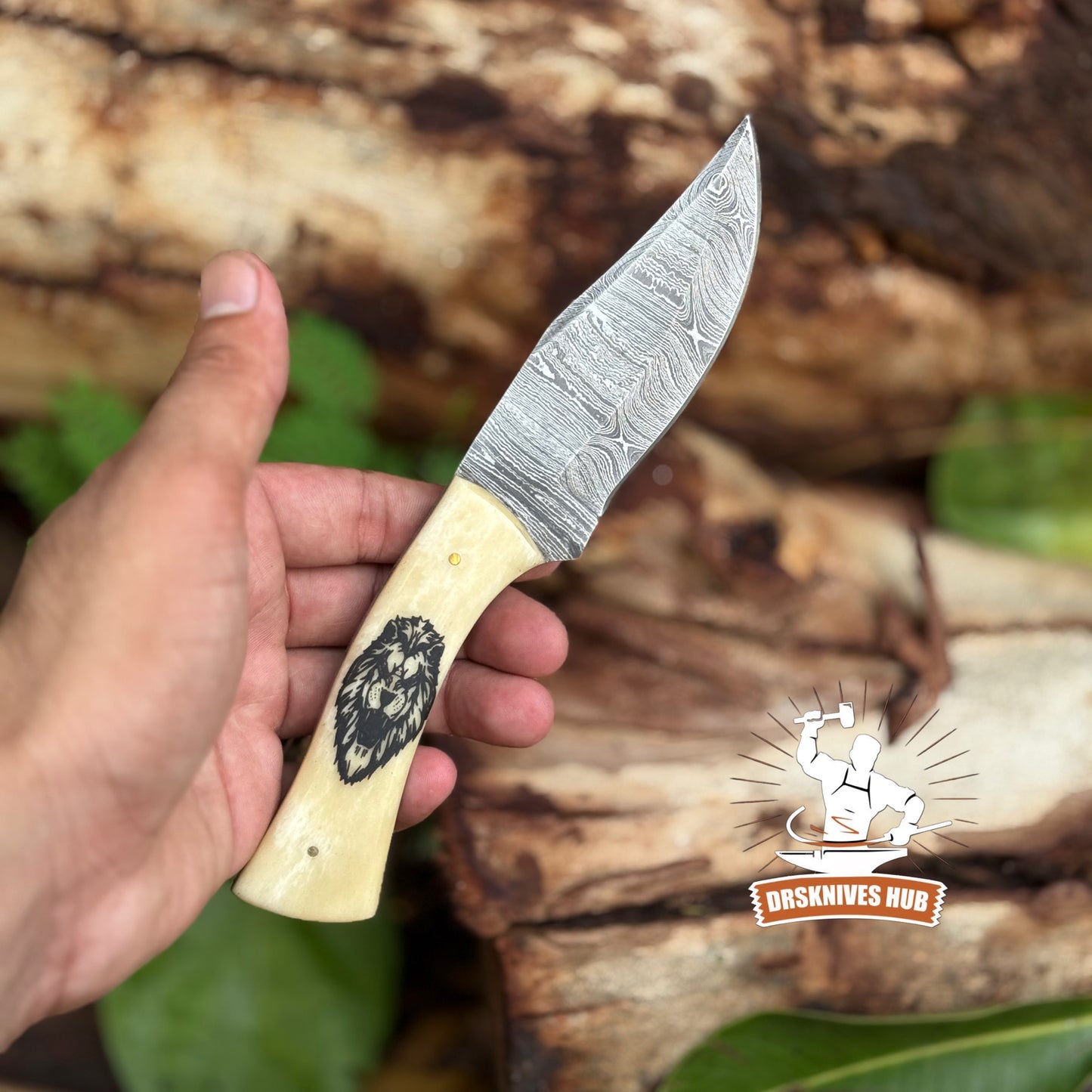 Beautiful Handmade Damascus Hunting Skinner Knife Bone Handle with Lion Print | DRSKNIVES HUB