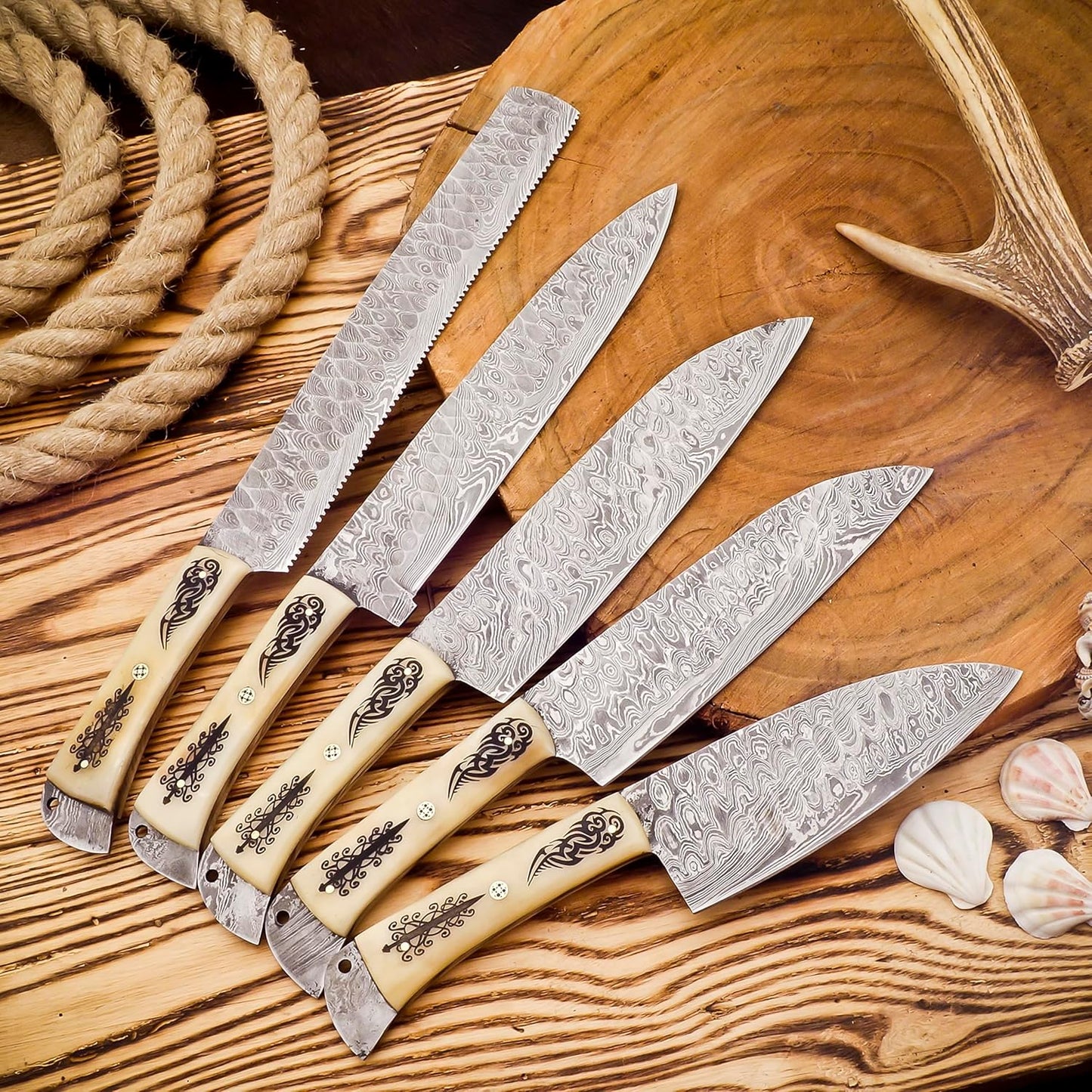 Handmade Damascus Chef Knife Set – 5-Piece Kitchen Knife Collection with Camel Bone Handles & Leather Sheaths | DRSKNIVES HUB