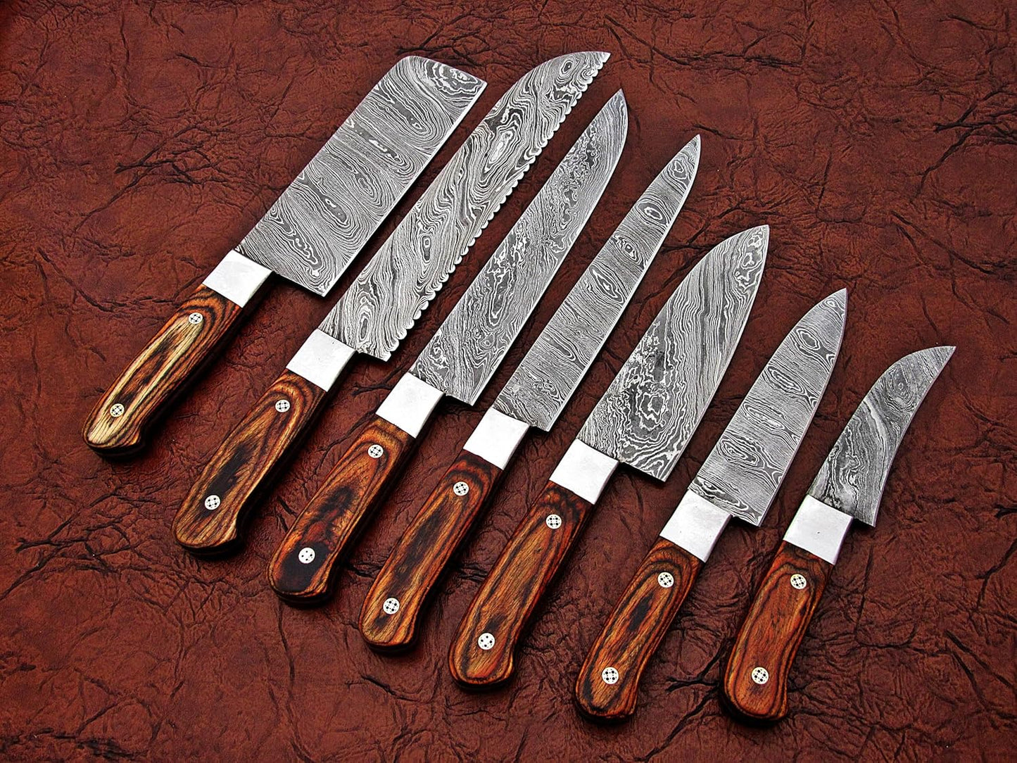 Handmade Damascus Steel Kitchen Chef knife 7 Pices Set, Beautiful Pakka Wood Handle