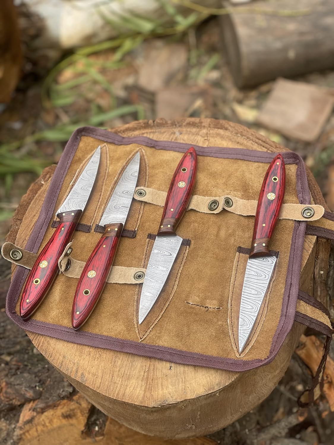 Set Of 4 Pieces Handmade Damascus steel Steak Knives With Leather Bag Overall 9''