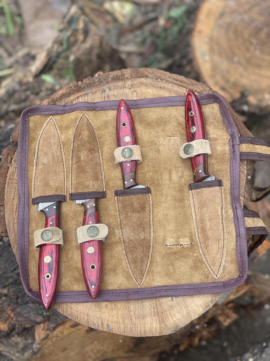 Set Of 4 Pieces Handmade Damascus steel Steak Knives With Leather Bag Overall 9''