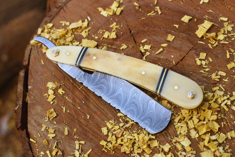 DAMASCUS STEEL STRAIGHT RAZOR KNIFE WITH LEATHER SHEATH || DRS KNIVES HUB