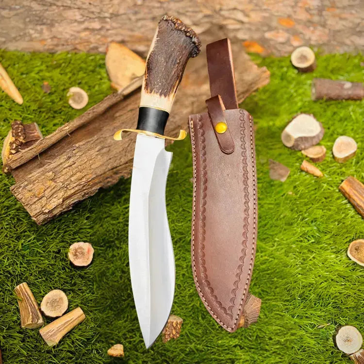 D2 Steel Handmade bowie knife with leather sheath cover antler horn handle || drs knives hub