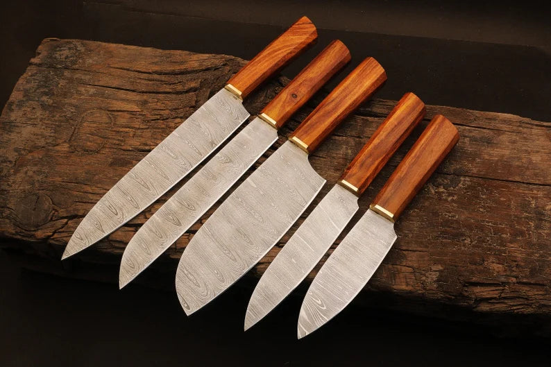 Damascus Steel 5pcs Chef Set With Beautiful Rosewood Handle
