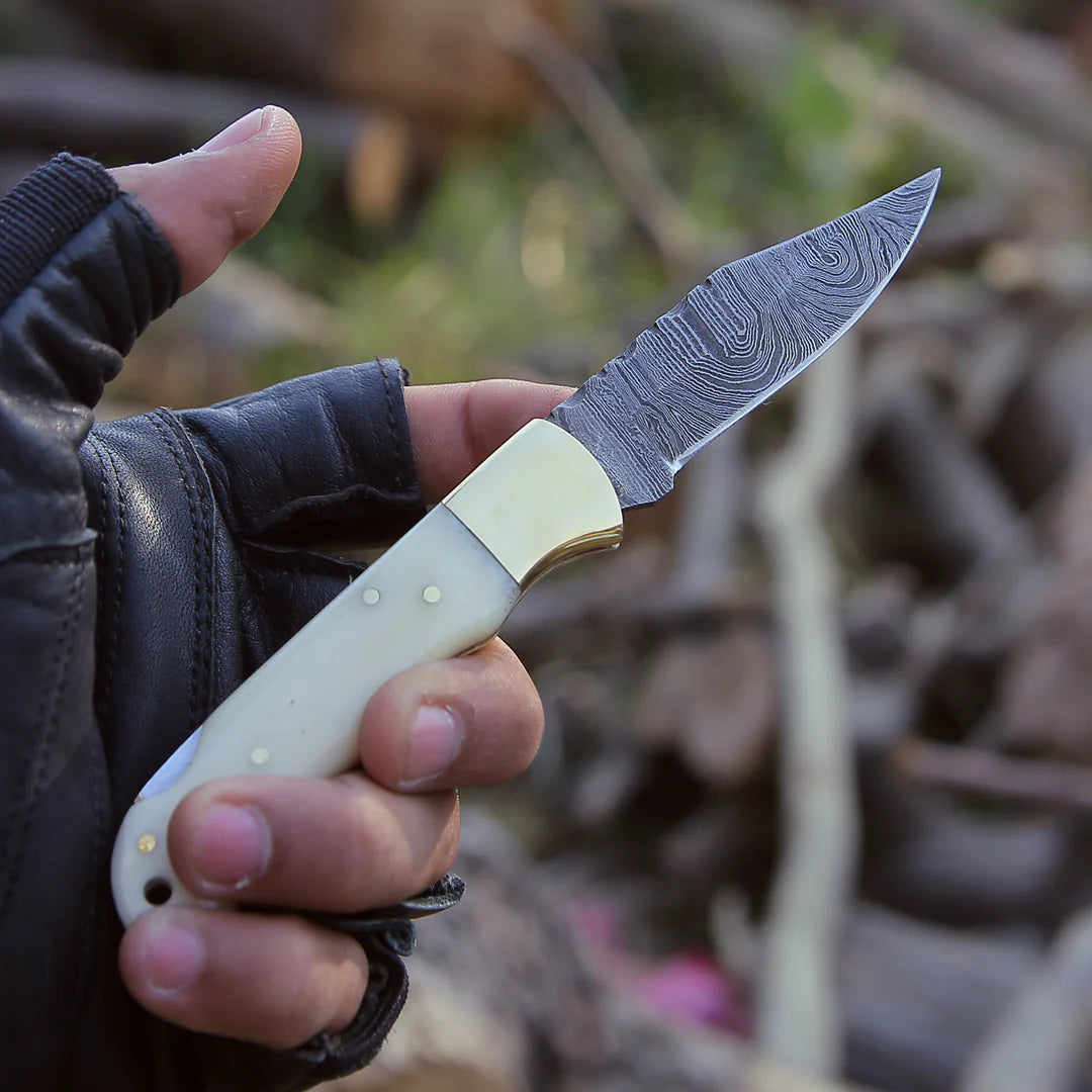 BONE HANDLE HANDMADE DAMASCUS POCKET KNIFE WITH || DRS KNIVES HUB