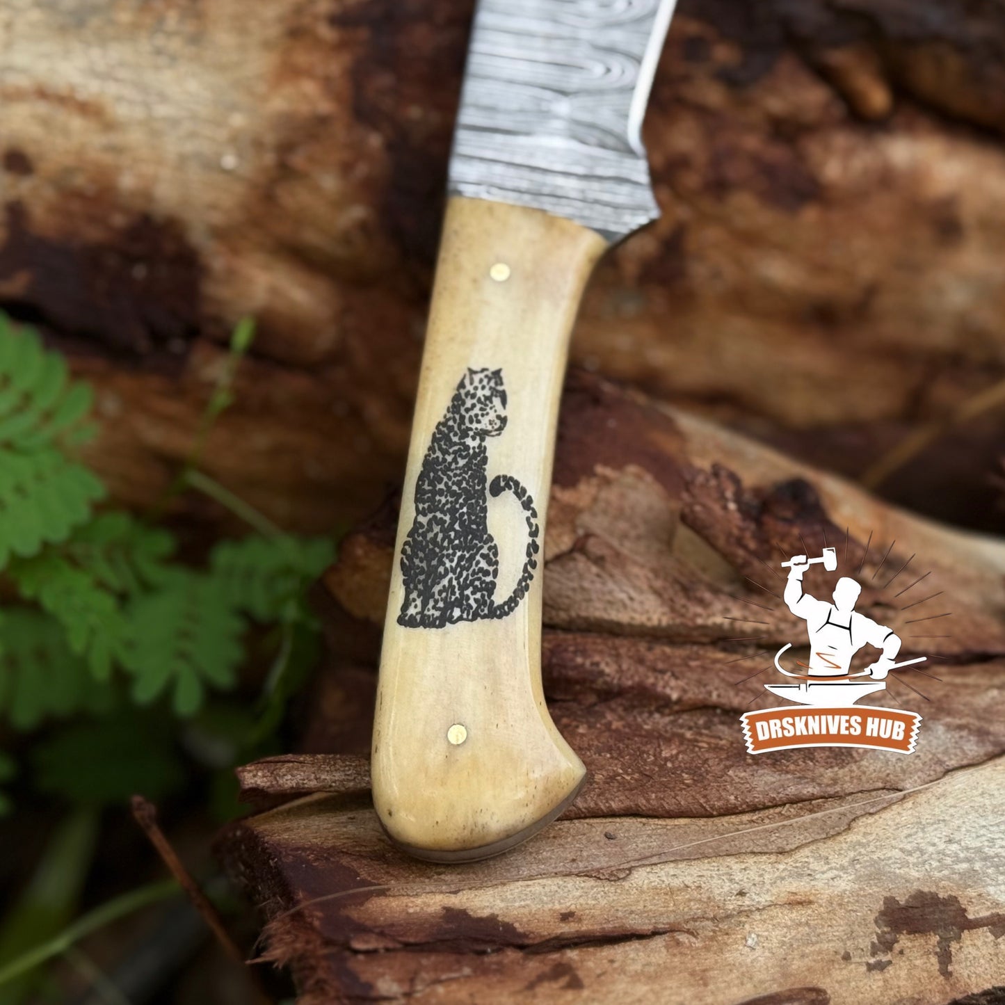 Full Tang Hand Forged Damascus Hunting Skinner Knife Bone Handle with Wolf Print | DRSKNIVES HUB