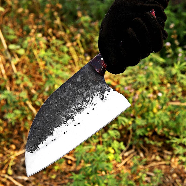 Hand-Forged Meat Cleaver with Resin Handle and Leather Sheath – Durable Resin Handle Chopper Knife