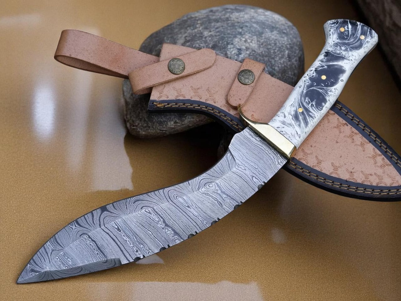Damascus Steel Blade Handmade Kukri Knife Resin Handle With Leather sheath || Drs Knives Hub