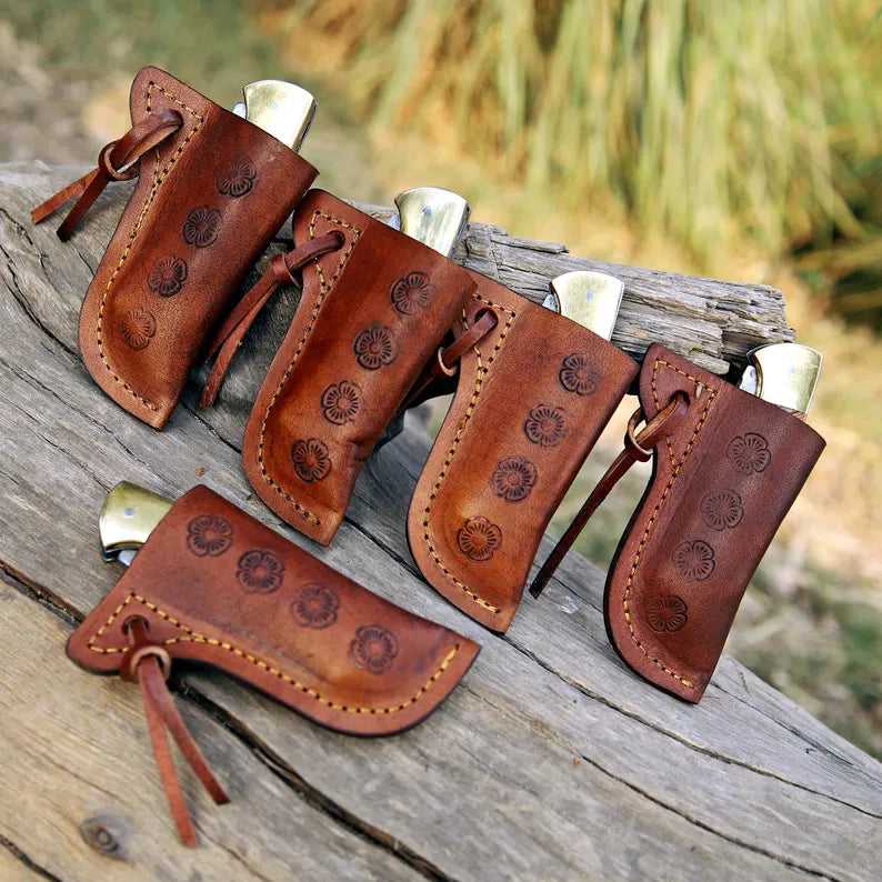 Lots Of 5 PCS Handmade Damascus Steel Folding Pocket Knives With Leather Sheath