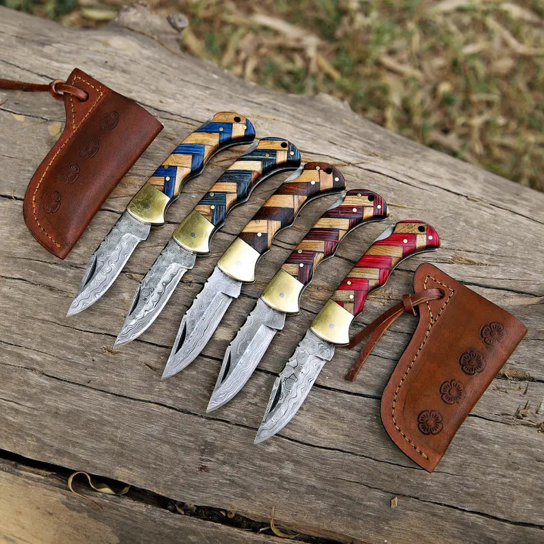 Lots Of 5 PCS Handmade Damascus Steel Folding Pocket Knives With Leather Sheath