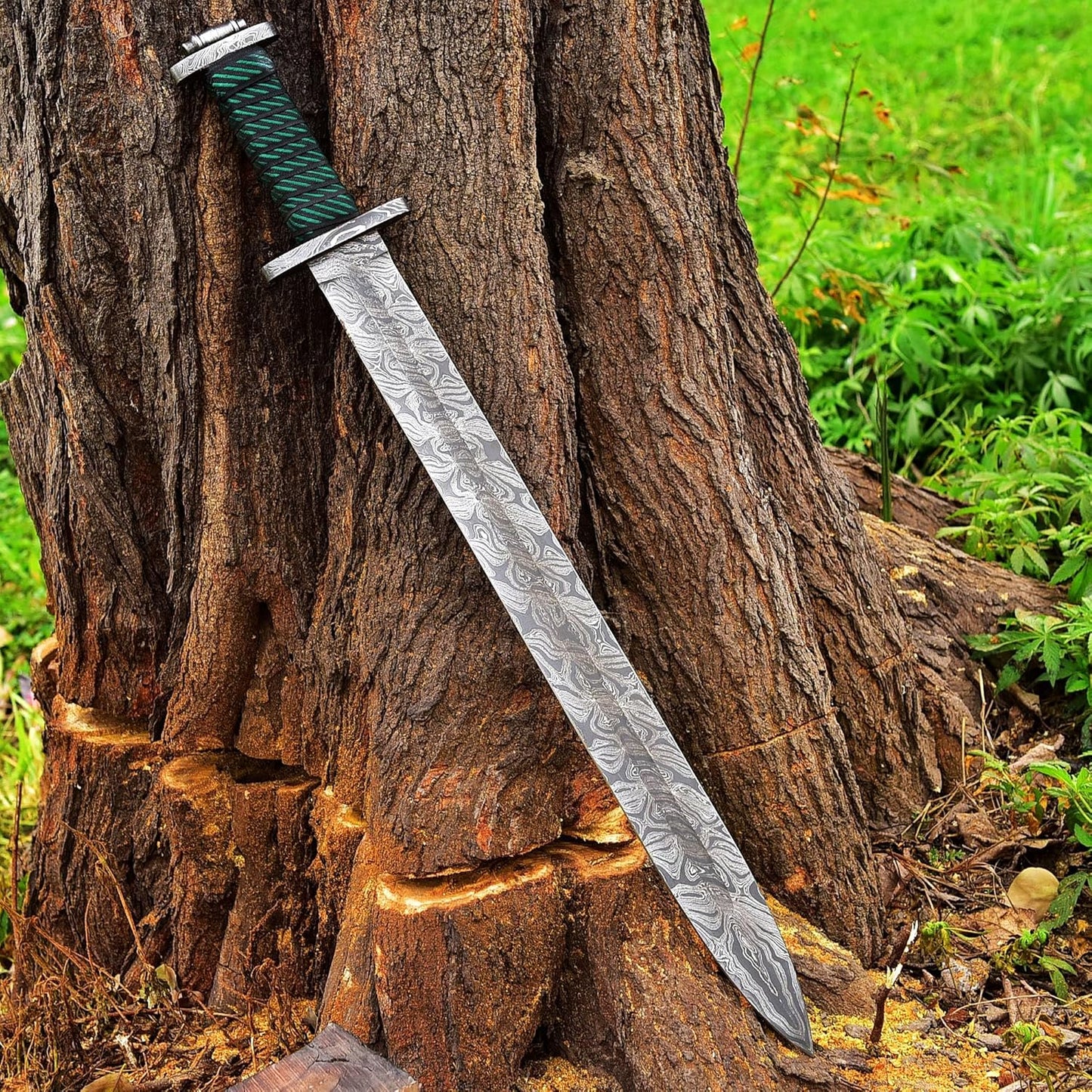 31'' Custom Handmade Damascus Steel Viking Sword – Needle Point Blade with Leather Sheath | DRSKNIVES HUB