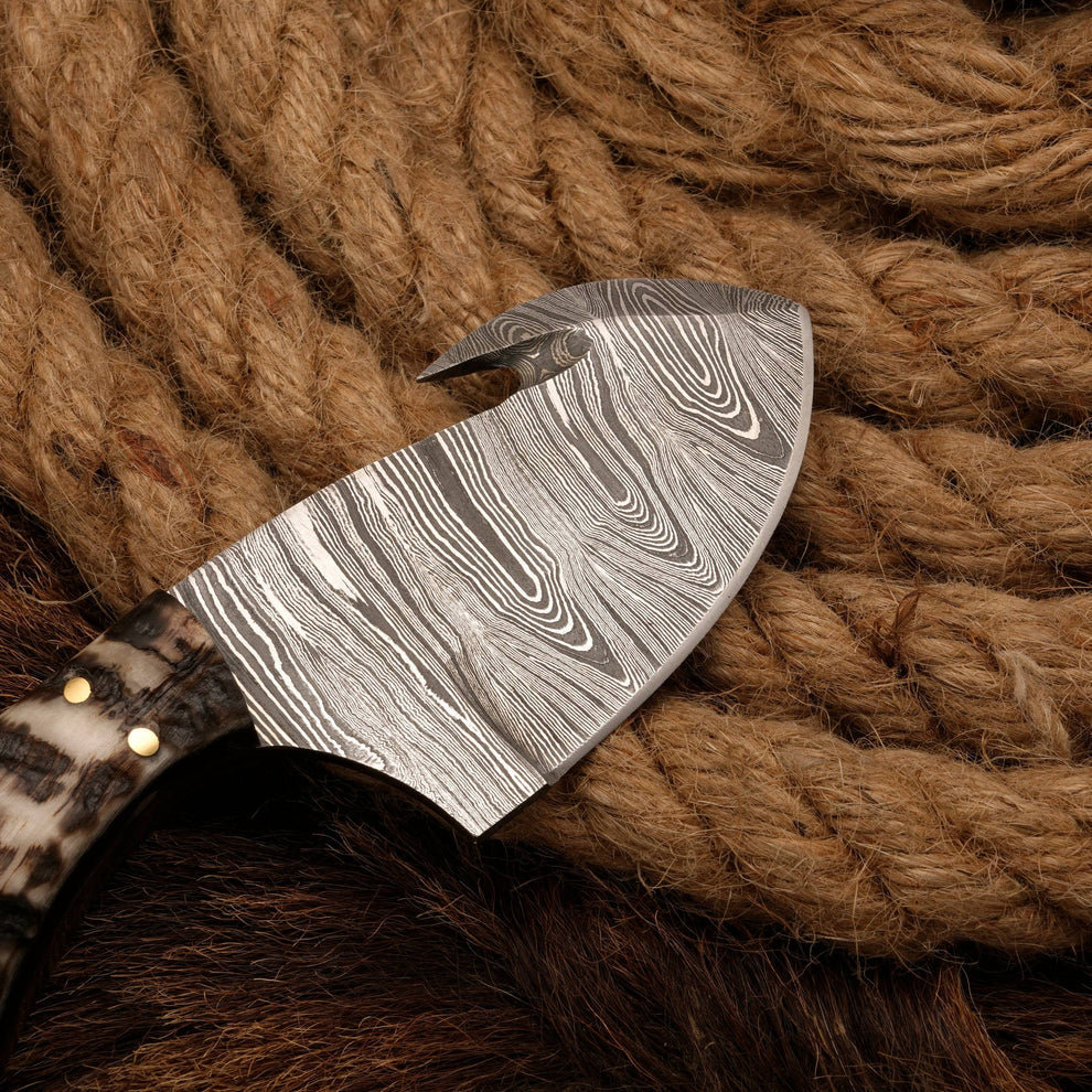 Forged by hand custom made Damascus steel gut hook skinner knife || drs knives hub