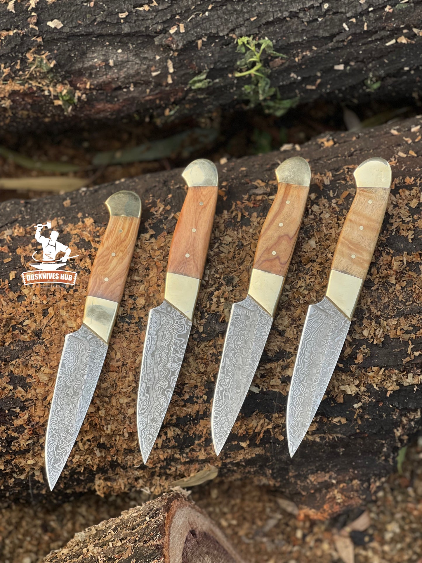 4 pcs Hand Made Damascus Steel Blade Steak Knife Set With Leather Roll kit Bag