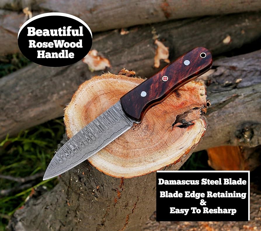 Full Tang Handmade Damascus Steel Blade Rose Wood Handle Hunting Knife With Leather Sheath Cover