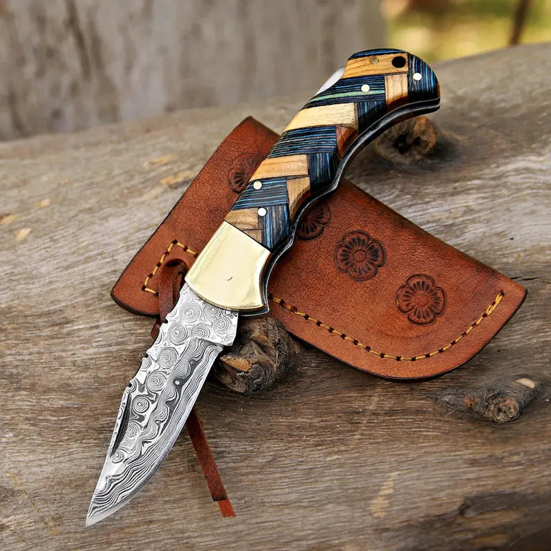 Lots Of 5 PCS Handmade Damascus Steel Folding Pocket Knives With Leather Sheath