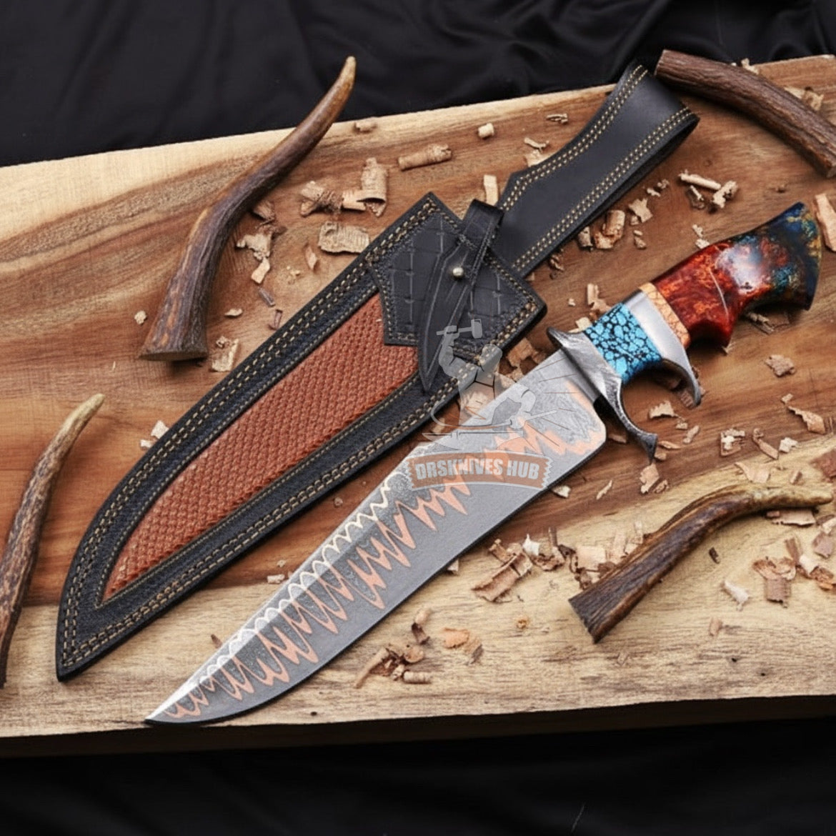 Copper Damascus Bowie Knife | Turquoise Resin Handle | Wooden Box