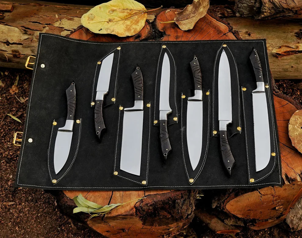 BEAUTIFUL CUSTOM HANDMDAE J2 STEEL BLADE CHEF SET,KITCHEN SET WITH LEATHER ROLL KIT BAG