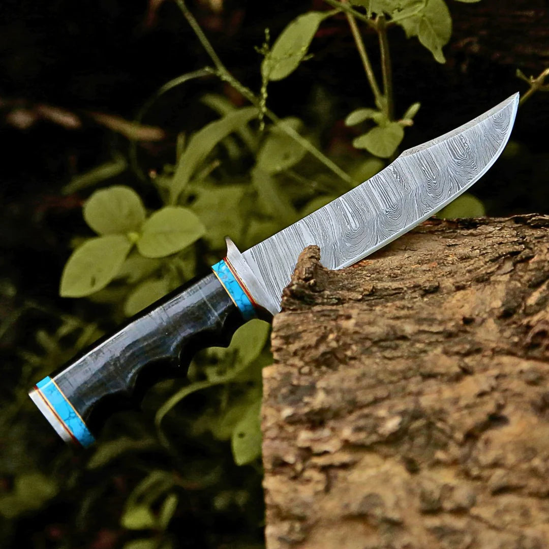 HANDMADE DAMASCUS STEEL HUNTING & SURVIVAL BOWIE KNIFE WITH STACKED LEATHER HANDLE || DRS KNIVES HUB