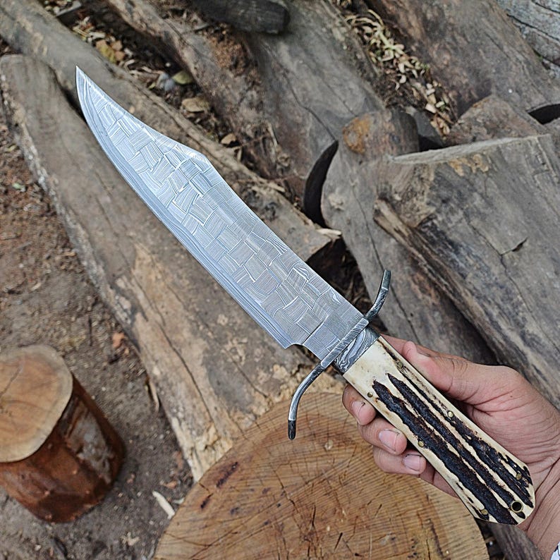 Bowie Knife Custom Handmade Damascus Steel Blade Hunting , Bowie Knife Antler Horn Handle With Leather Sheath Cover